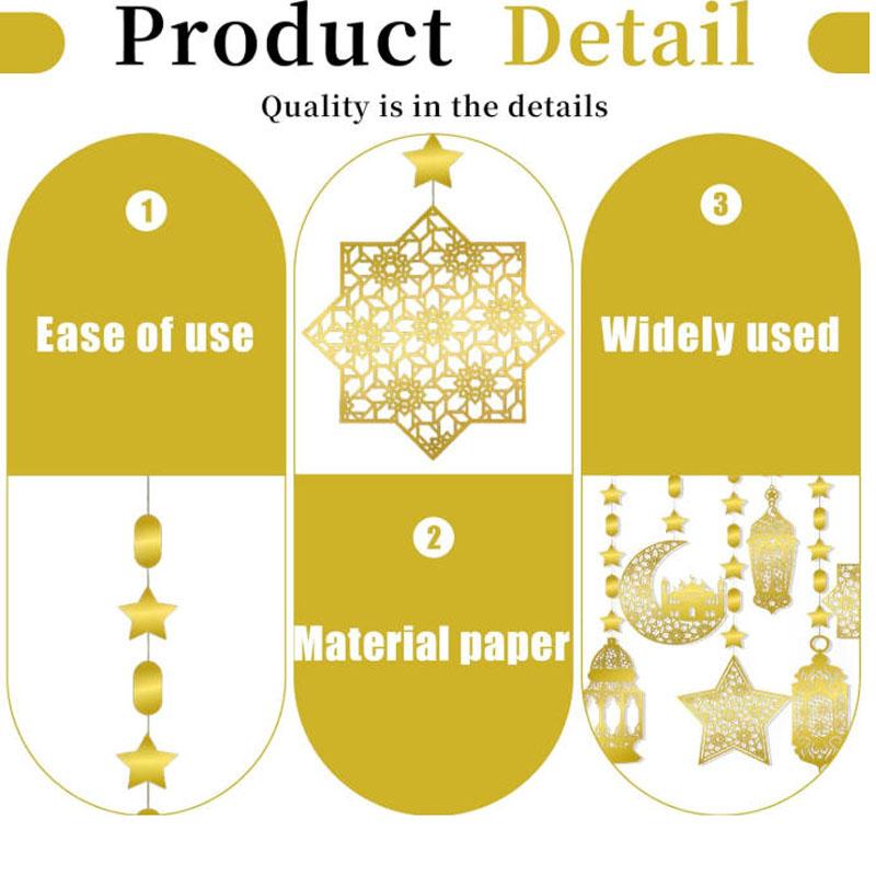 8 Pieces Ramadan Decoration, Eid Mubarak Gold Garland Pendant Decor Set, Ramadan Islam Living Room Garland Window Wall Hanging Decorations