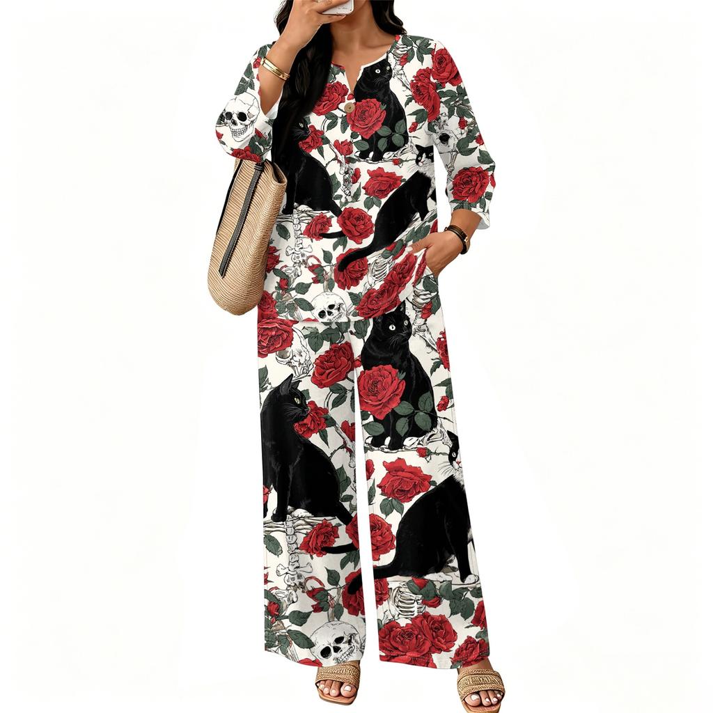 Women's Casual Printed 3/4 Sleeve Button Down Top and Wide Leg Pants 2 Piece Set