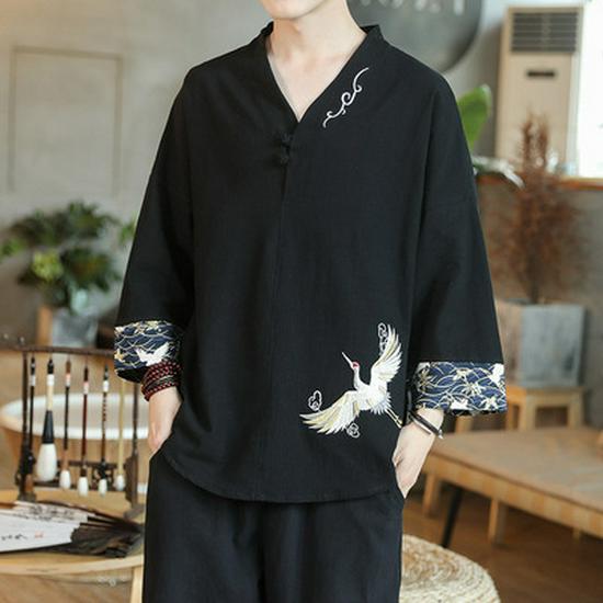 Herren Retro Stil Leinen V-Ausschnitt Besticktes T-Shirt, Lockere Passform, Dreiviertelärmel, Große Größe