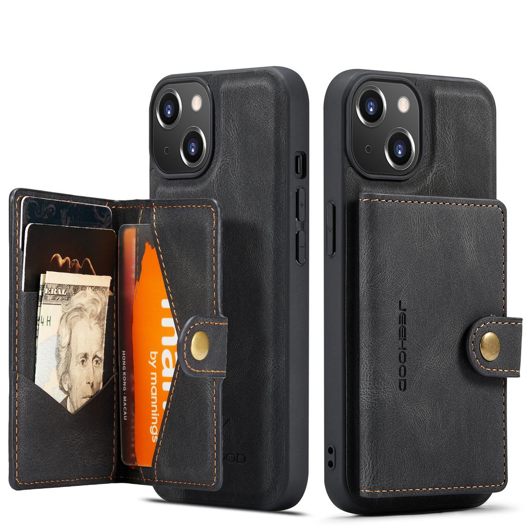 For iPhone 14 Plus Case JEEHOOD J01 Retro Leather Phone Back Cover with Detachable Magnetic Card Holder