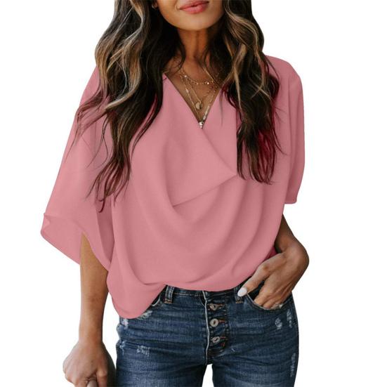 Camisa de manga corta acampanada con cuello en V de gasa para mujer, Tops informales sueltos de Color sólido para oficina para mujer
