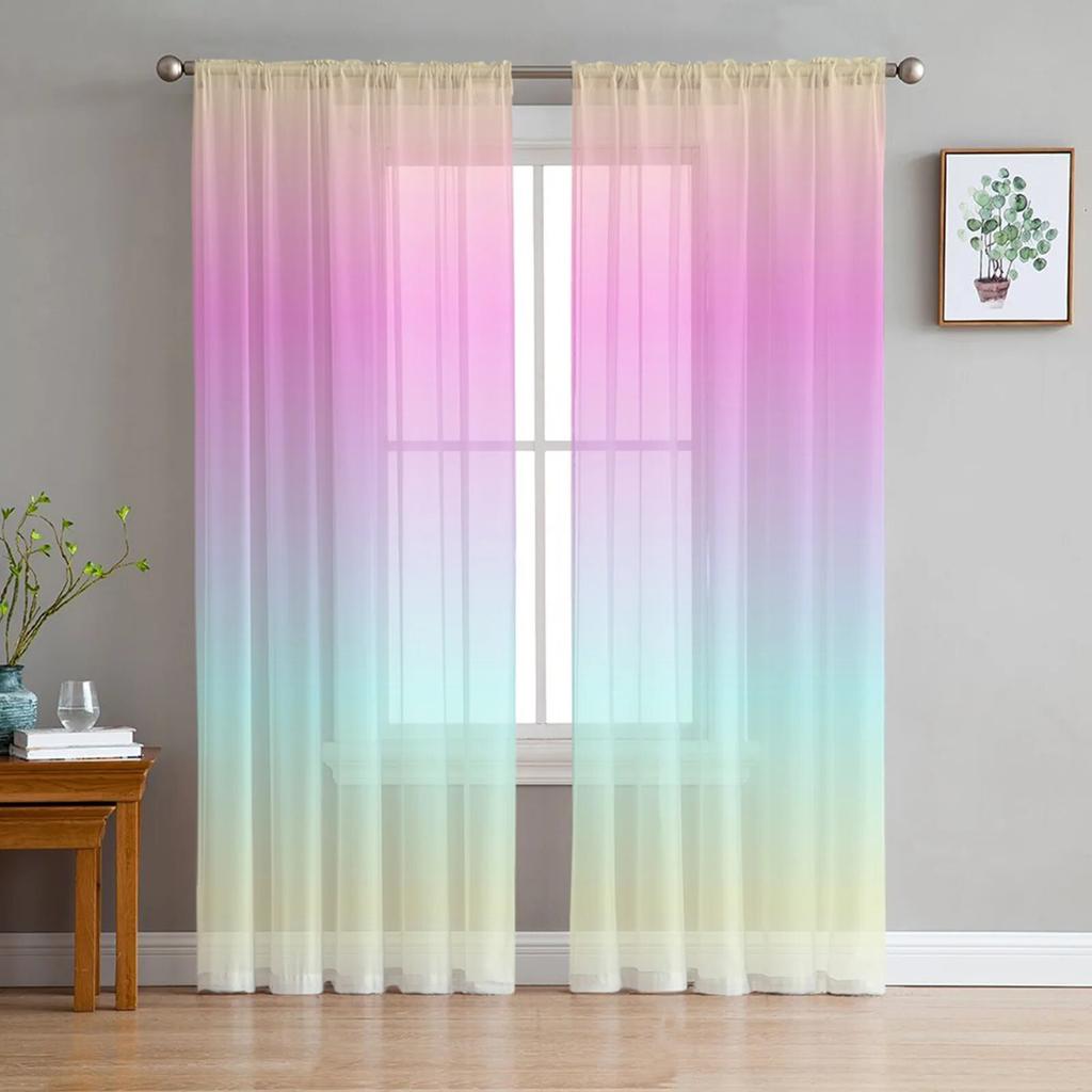 Candy Rainbow Stripes Sheer Voile Curtains for Living Room Printed Tulle Window Curtain Luxury Home Balcony Decor Drapes