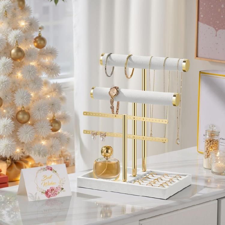 Versatile T Bar Jewelry Stand Organizers for Shop or Home Use Sturdy Metal Base with Removable Wooden Display Rods