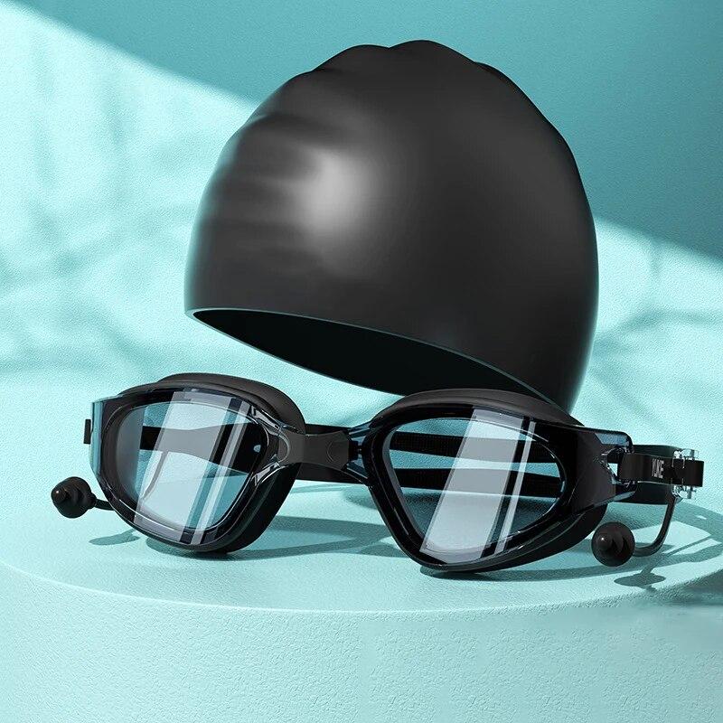 Swimming Goggles Cap Adult HD Anti-fog Swimming Goggles Set Waterproof Silicone Swim Glasses with Earplugs Anti-UV Swim Eyewear For Men Women Fashion