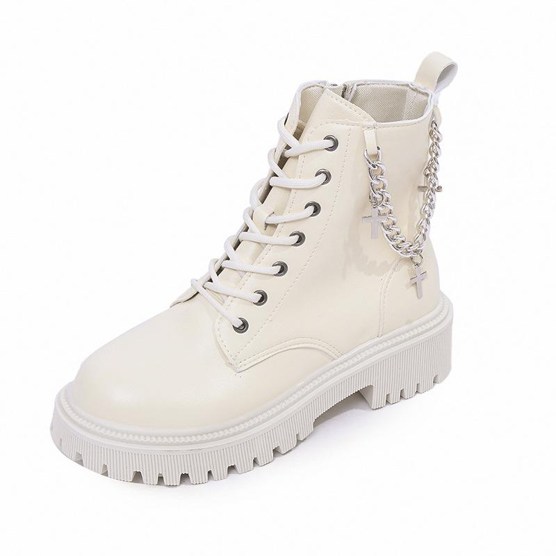 

New chain Martin boots children s Korean version soft-soled round head medium leather boots comfortable lace-up solid color knight boots children 40 бежевий