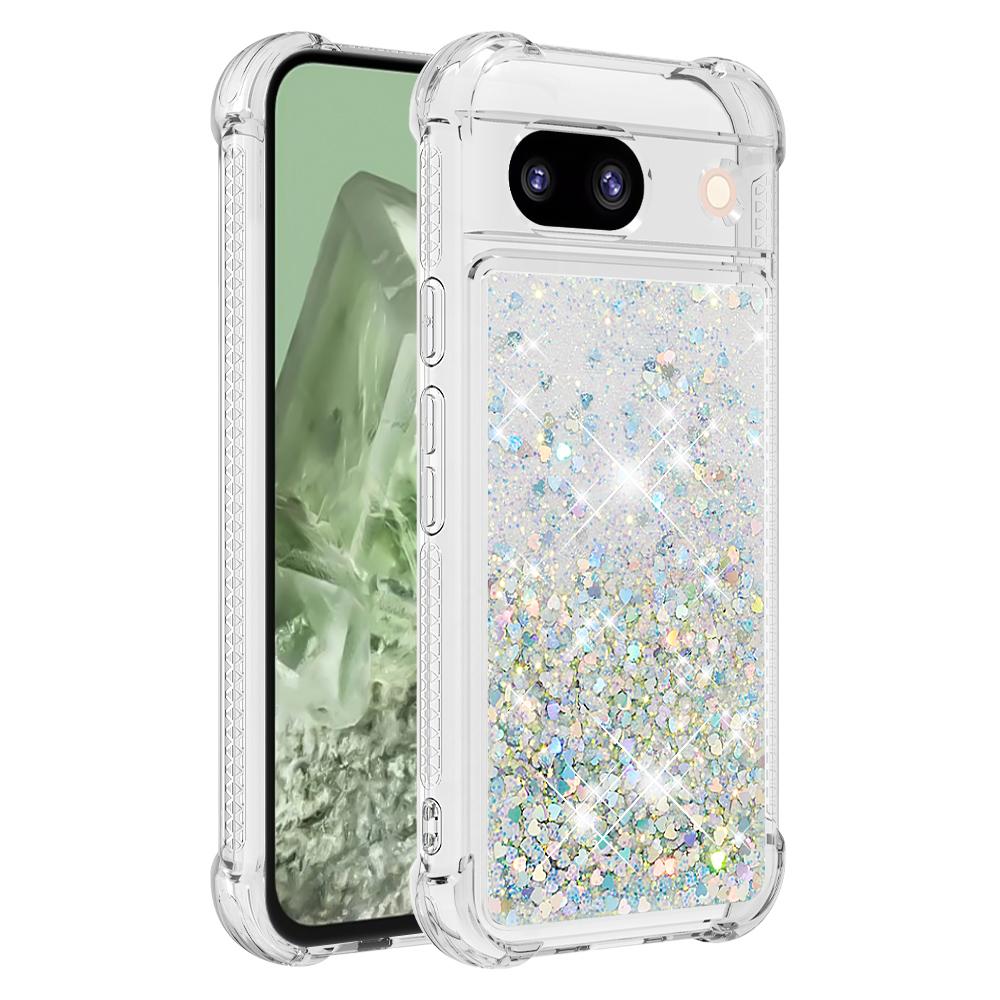 

For Google Pixel 8a TPU Case Glitter Quicksand Shockproof Phone Back Cover Silver/Hearts