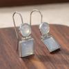 Silvery Geometry Inlaid Imitation Moonstone Dangle Earrings for Women Classic Elegant Pendant Jewelry Accessories Crafts