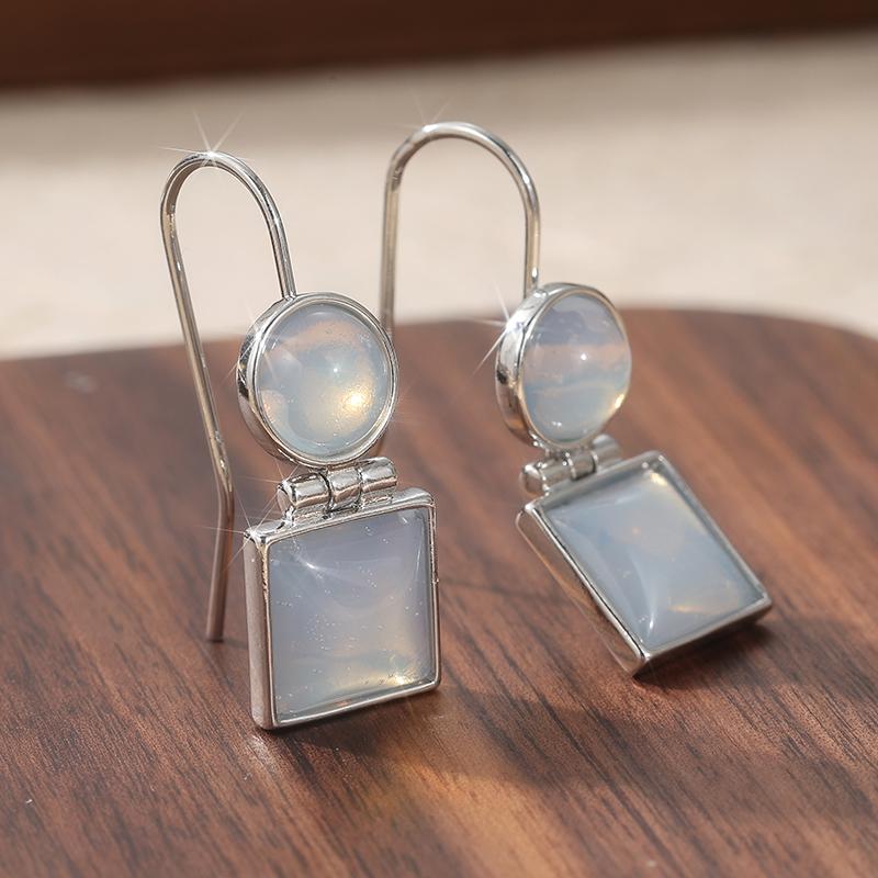 Silvery Geometry Inlaid Imitation Moonstone Dangle Earrings for Women Classic Elegant Pendant Jewelry Accessories Crafts