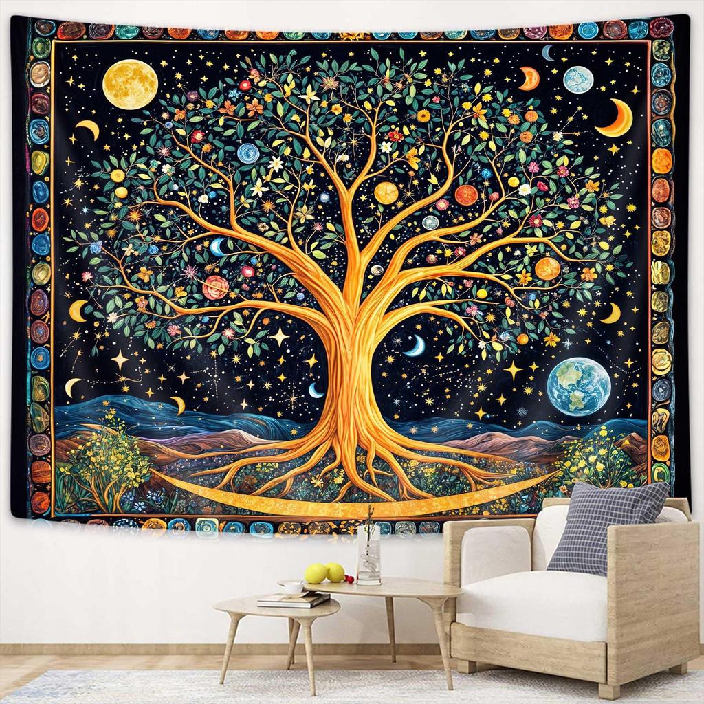 Mid Century Modern Abstracte Kunst Wandkleed, Minimalistisch Salieplant Zon Retro Boho Wandkleed, Geel Wit Bruin Geometrisch