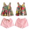 2-6A Niñas Bebé Floral Algodón Lino Tops Vestidos sin Mangas+Pantalones Cortos Conjuntos de Verano