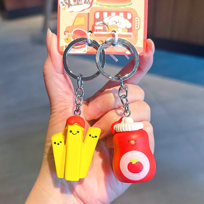 Couple Pair Of Keychains, Fried Chicken And Chips, Cartoon Simple Schoolbag Pendant, Cute Simulated Food, Car Key Chain