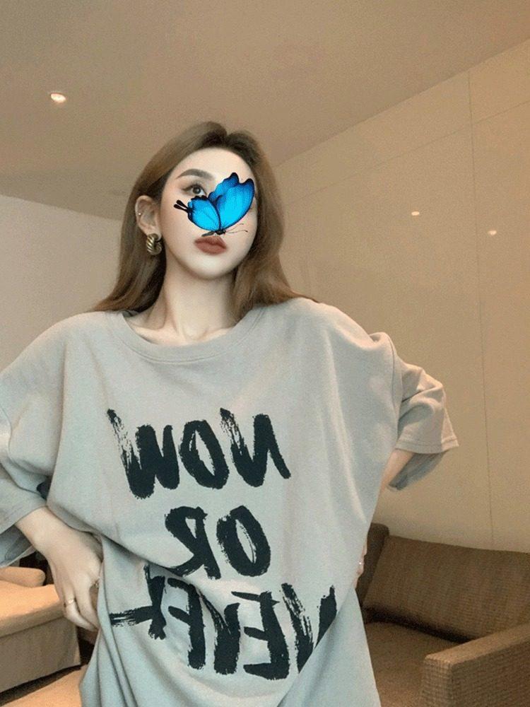 Women's Khaki Retro Plus Size Short Sleeve T-shirt - Summer Casual Loose Mid-Length Design with Letter Print