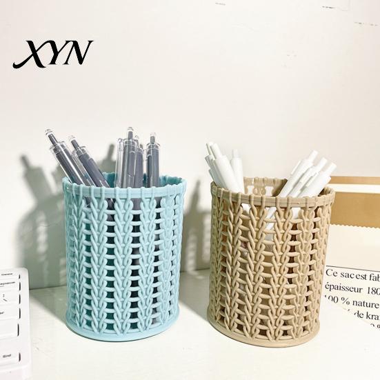 Office Supplies Organizer Imitation Rattan Pen Holder, Round Hollow Desk Organizer, Large Capacity Pencil Ventilated Holder Cup for Pens Pencils