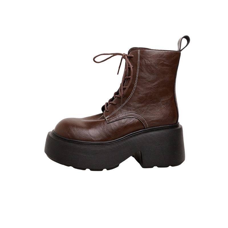 

~ Autumn and winter new washed shrinkage cowhide lace-up thick heel locomotive outdoor short boots women s Martin boots 40