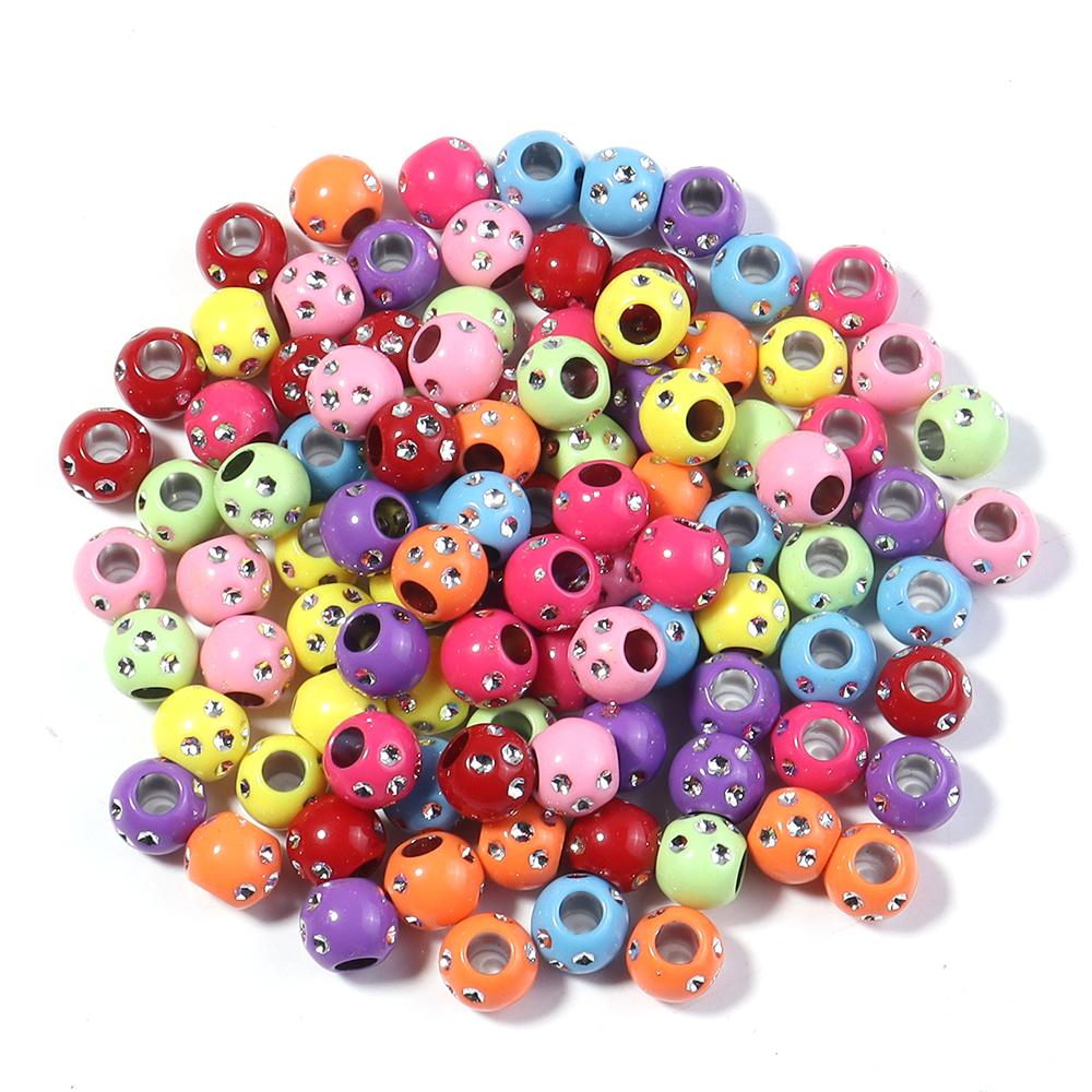 

100pcs 9mm Rhinestone Acrylic Beads Shiny Mixed Color Big Hole Round Loose Beads For Jewelry Making DIY Bracelets Headwear Decor
