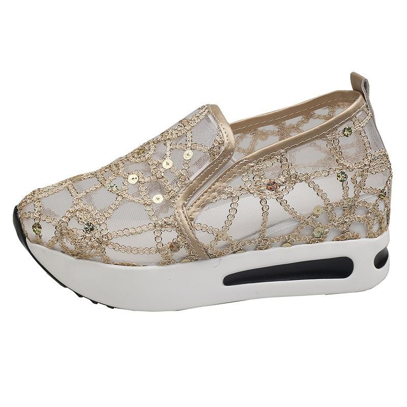 Women's fashion flat bottom inner height increase mesh yarn breathable casual single shoes support platform