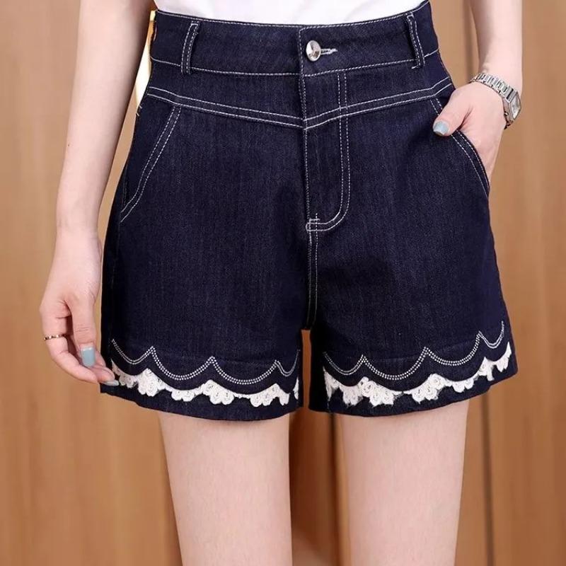 Pantaloncini Donna in Denim Scuro Vita Alta Bordi in Pizzo Casual Estivi Hot Pants