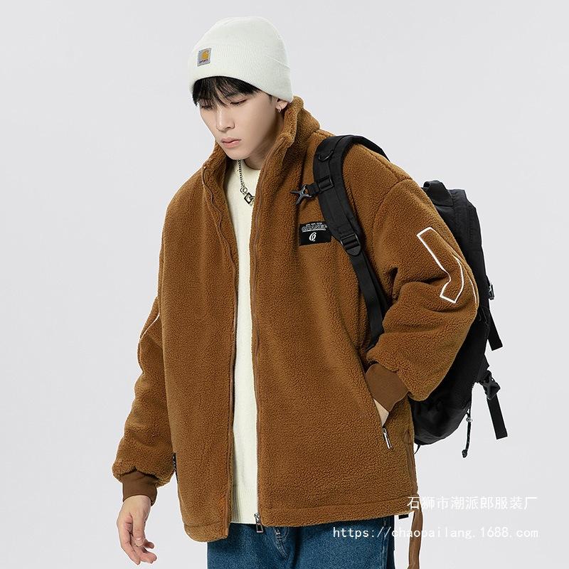 Lamb wool jacket men's new fashion embroidered granular fleece couple autumn and winter sweater loose thickened warm cotton-padded coat