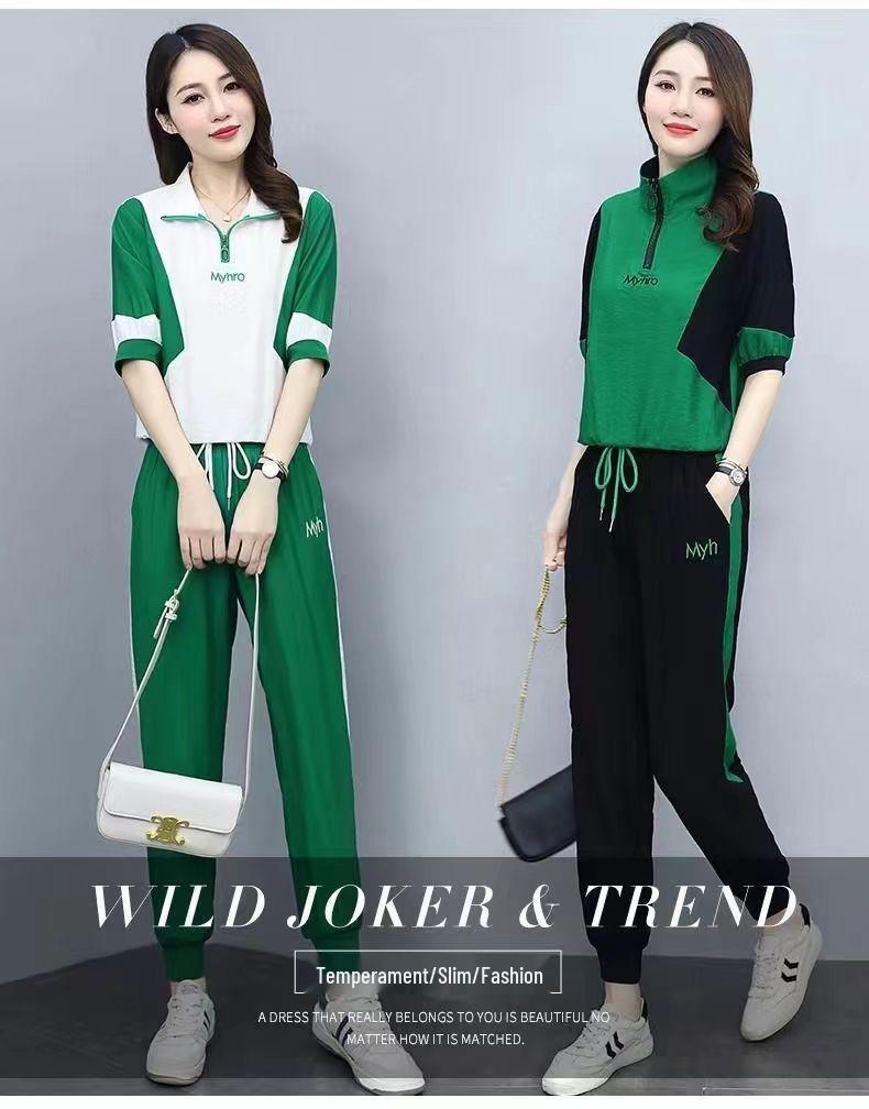 2025 Summer Women's Loose Running Suit - Short Sleeve Stand-up Collar Two-Piece Set