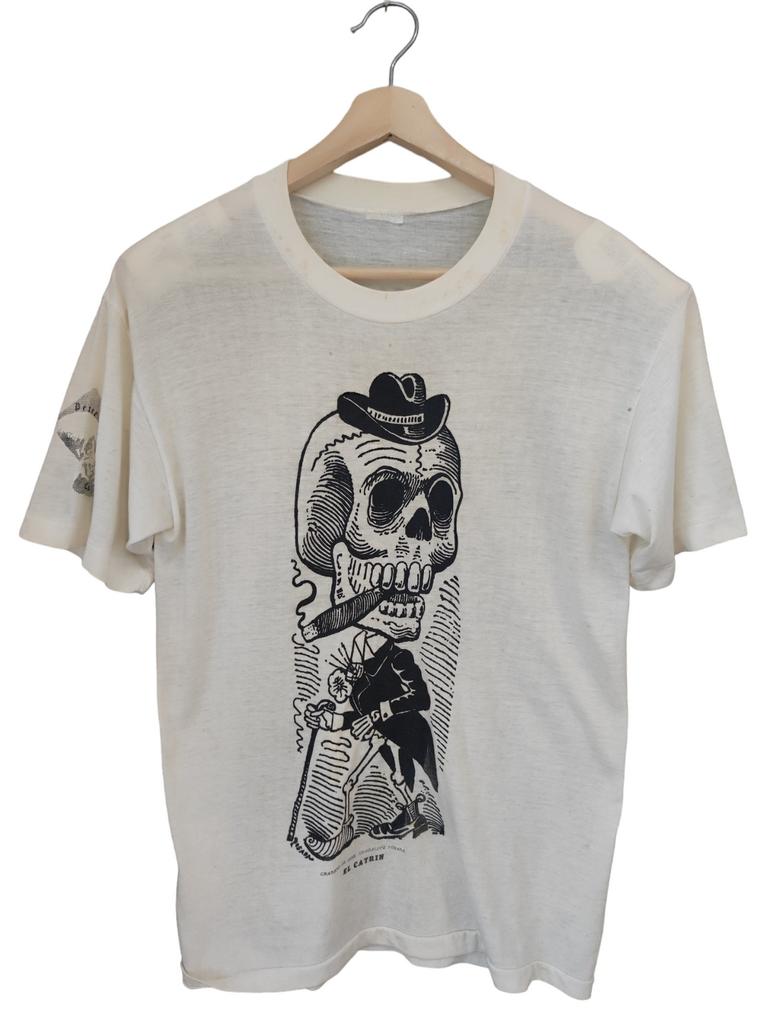 80's Lagartijo Calavera Cigar Smoking Famous Mexican Revolution Artist Jose Guadalupe Posada Vignette Feast Dead Artwork Graphic T-Shirt