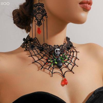 Spitzen-Spinnennetz-Design Halskette Ohrringe Set Retro Gothic Stil Schwarzer Spitzen-Choker Halskette Halloween Schmuck