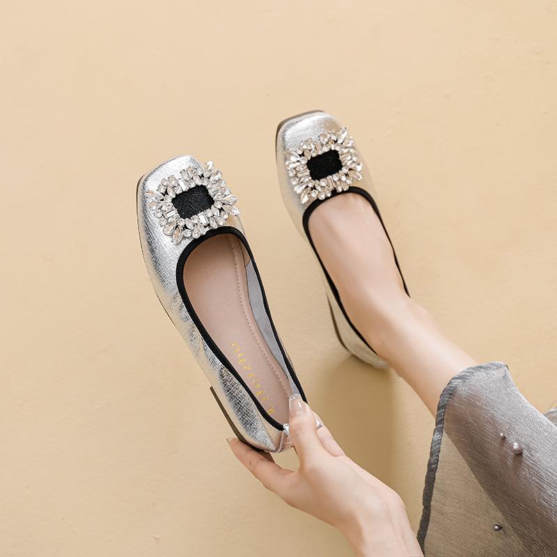 

Women Round Toe Pumps Slip on Loafers Office Lady Shoes Flats Heel Microfiber Leather Gold Rhinestone Chain Soft Femle Soles 43 срібний