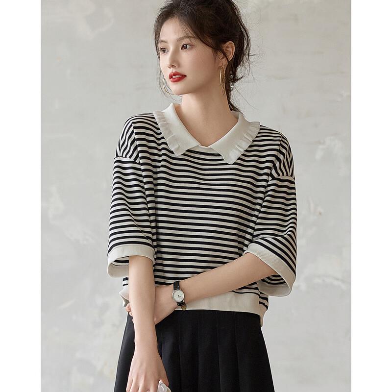 Demana Japanese Collegiate Striped Doll Collar 3/4 Sleeve Sweatshirt