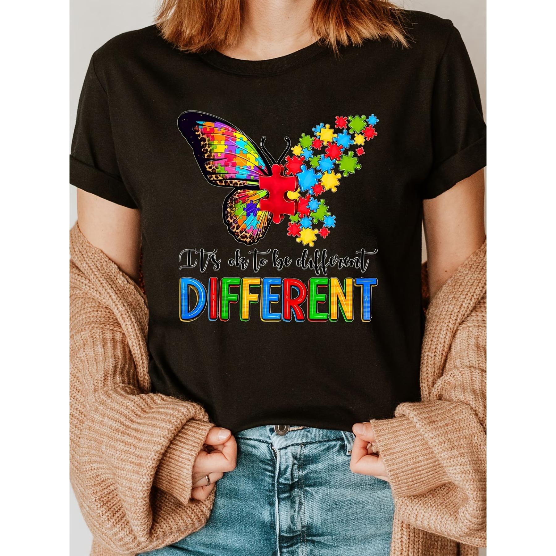 Autism Butterfly Print Crew Neck T-shirt, Short Sleeve Casual Top for Summer & Spring, Women s Clothing S чёрный