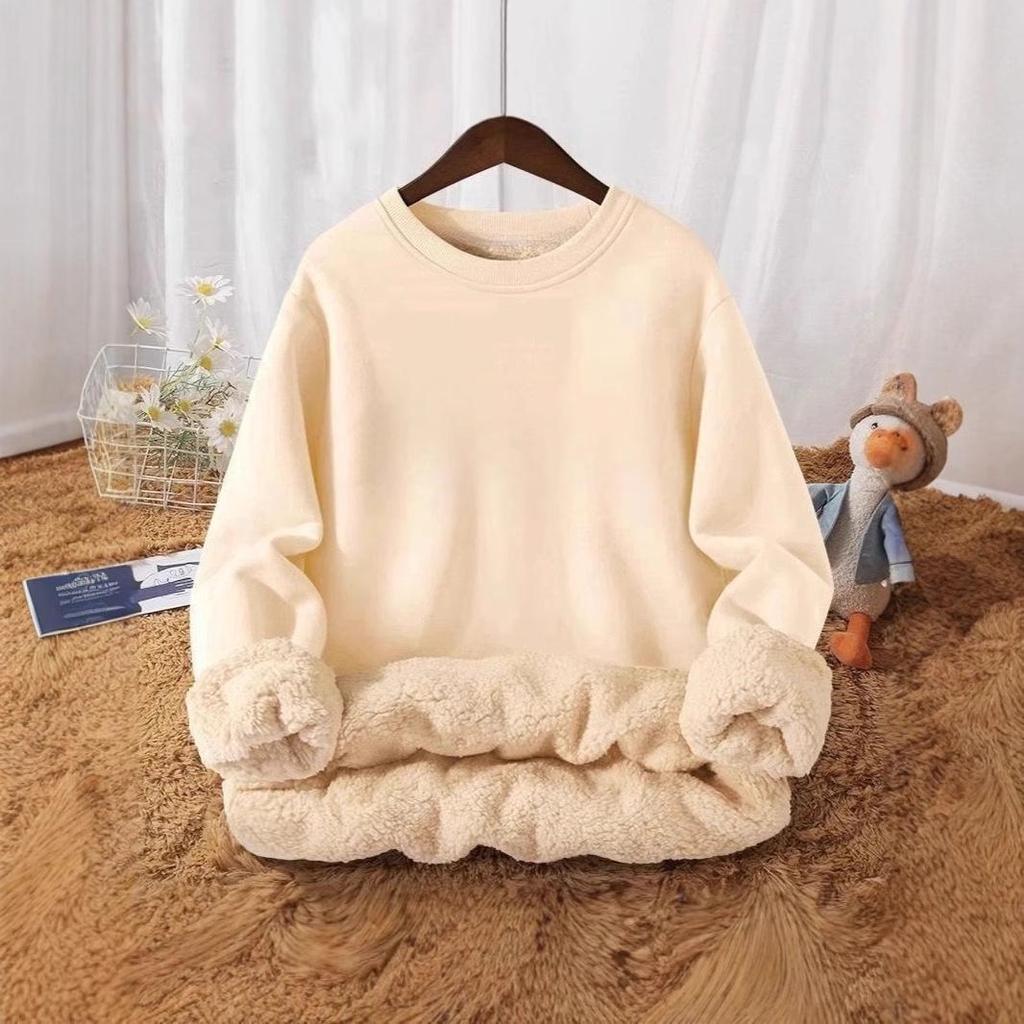 Lambswool Velvet-Lined Crew Neck Hooded Pullover for Women – Loose, Solid Color, Korean Style, Autumn/Winter