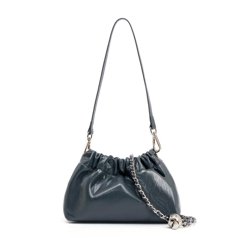 Little Golden Ball Chain Wrinkled Cloud Bag Handbill Shoulder Underarm Black Leather Design Unique Crossbody