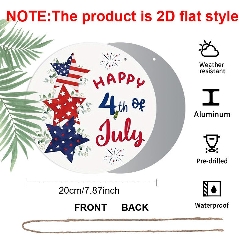 2D Flat, 1Pc Round Aluminum Hanging Sign, Patriotic 4Th of July, Featuring Red, White, And Blue Decorations, Including Pentagrams And Fireworks