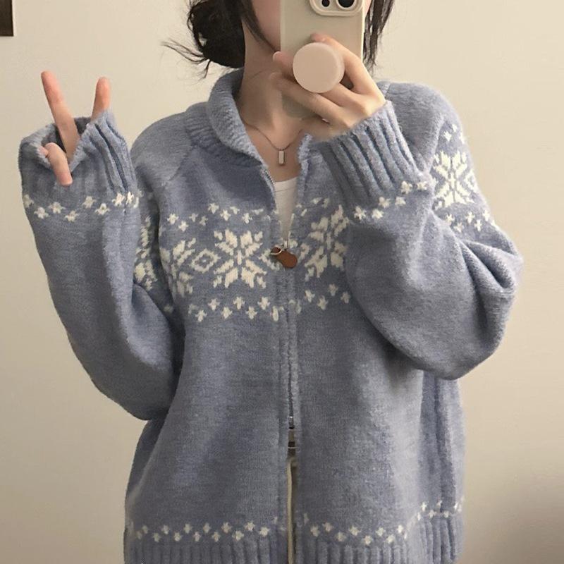 Korean Chic Retro Color Block Knit Sweater Coat for Women