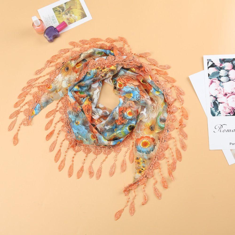 Sun Protection Lace Scarf with Tassel Flower Triangle Headband Cute Printed  Wraps  Beach