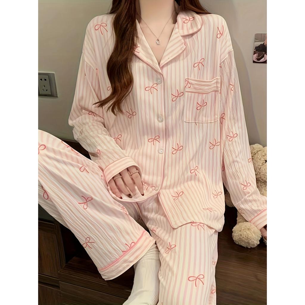 Wrinkle Fabric Sleepwear Spring Collection Sweet Striped Long Sleeve Korean Style Casual Wearable Home Set