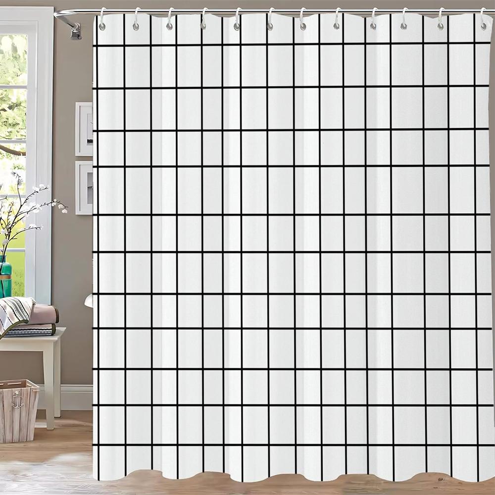 Black and White Plaid Pattern Shower Curtain Abstract Bohemian Fabric Shower Curtain with Hooks Waterproof Bathroom Decoration