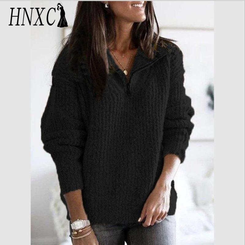 HNXC Women's Fashion Casual Solid Color Print Autumn Winter Long Sleeve Zip Collar Loose Sweaters