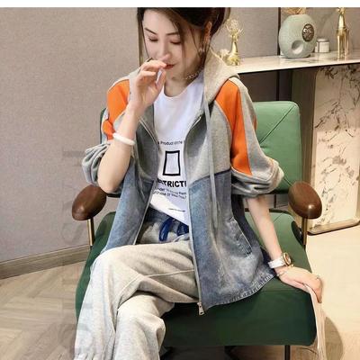 Women's Spring and Autumn Colorblock Hooded Loose Casual Jacket