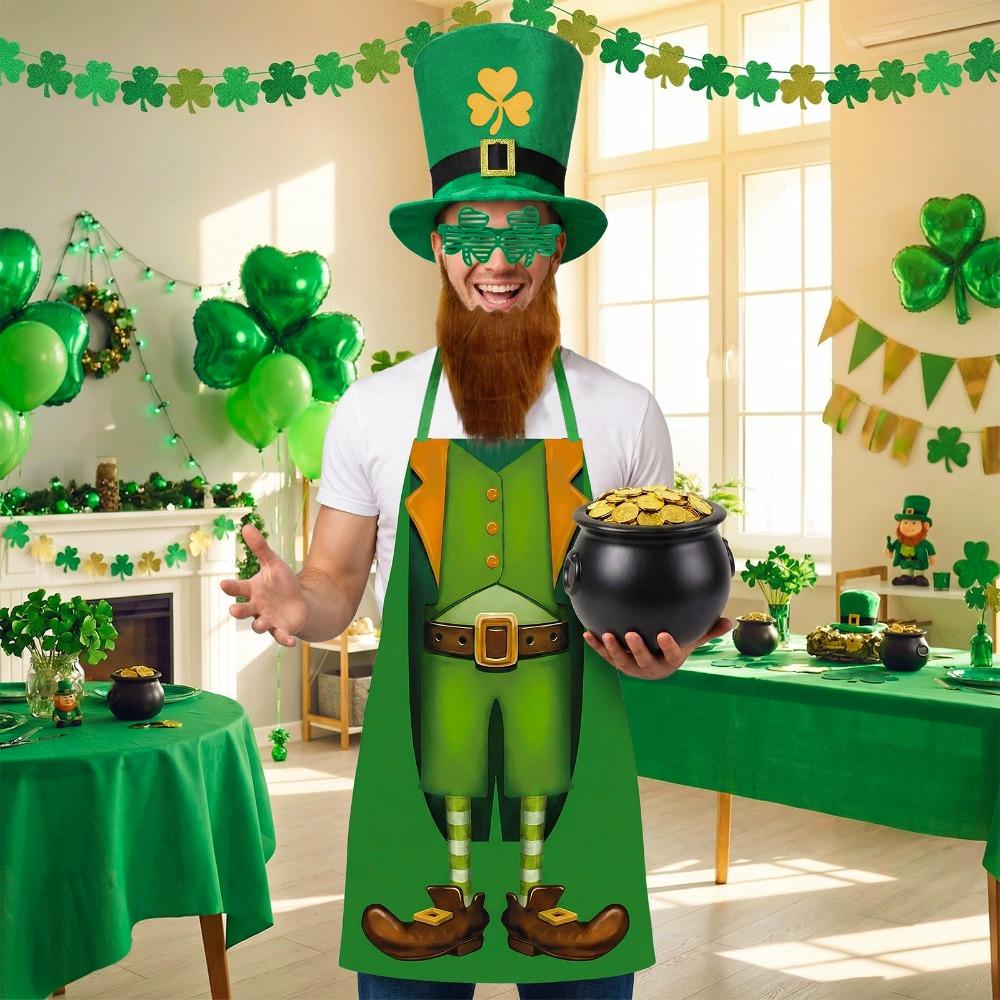 3er-Set Party-Kostümzubehör zum St. Patrick's Day mit Schürze Kleeblatt Grüner Hut Irisches Festival Falscher Schnurrbart Brille