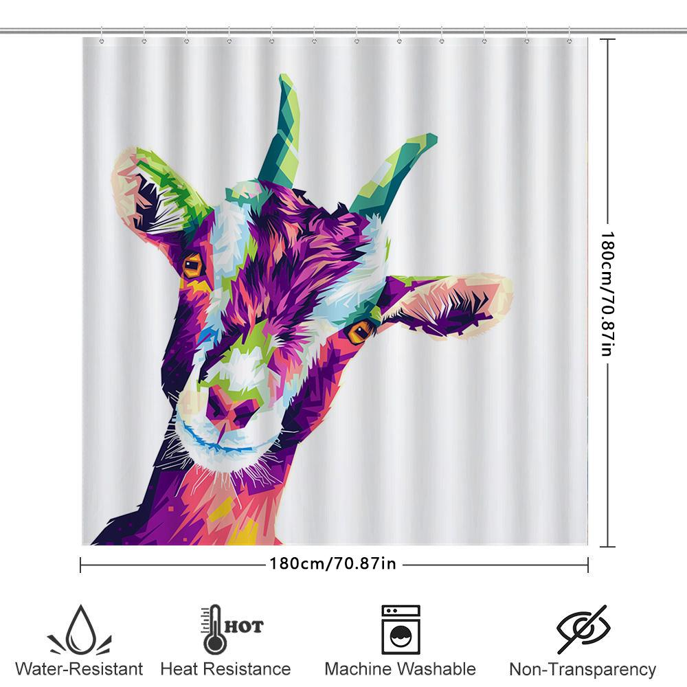 Vibrant Goat Shower Curtain Pop Art Wall Hanging Bathroom Decor Modern Rainbow Animal Print Linen Waterproof Shower Cover