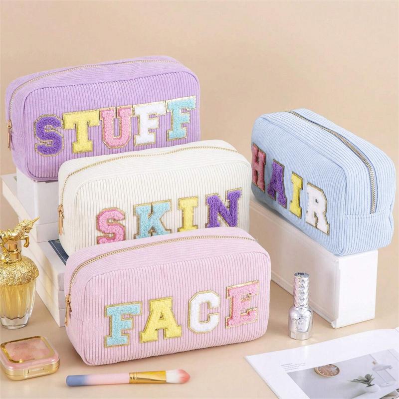 Travel-Friendly Corduroy Makeup Bag with High Capacity and Embroidered Lettering