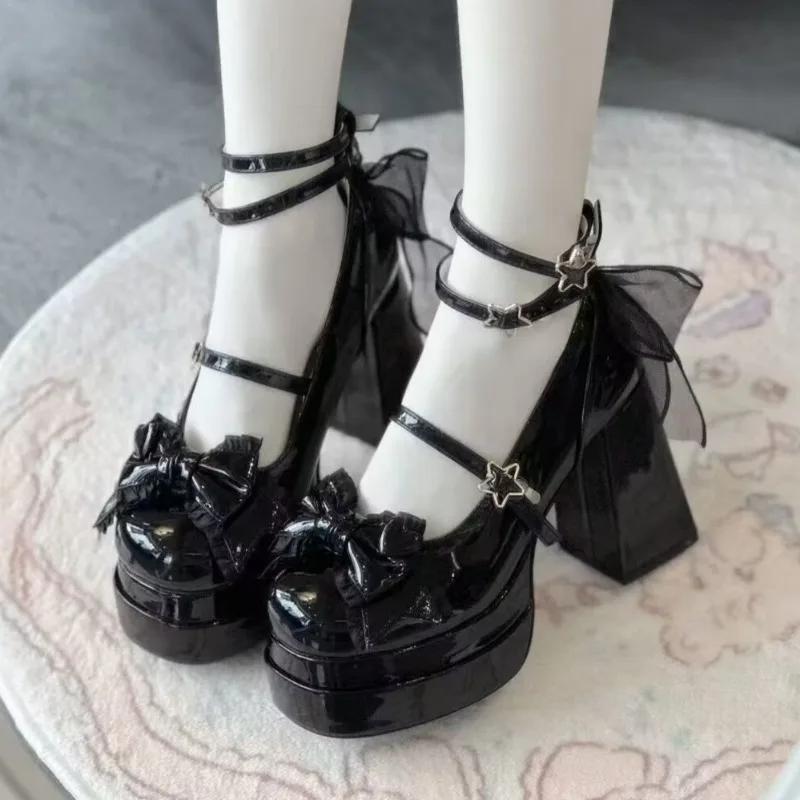 Bow Women Heeled Sandals Platform Mary Jane Shoes Woman Summer 2025 Trend Lolita Elegant Dress Chunky Pumps Zapatillas De Mujer