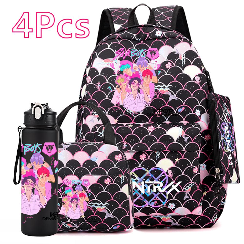 4Pcs/set Anime Cute K-POP Printed Backpack Large Capacity Bookbag HandBag Case Bag with 750ml Water Bottler Boy Girl SchoolBag Waterproof Mochila