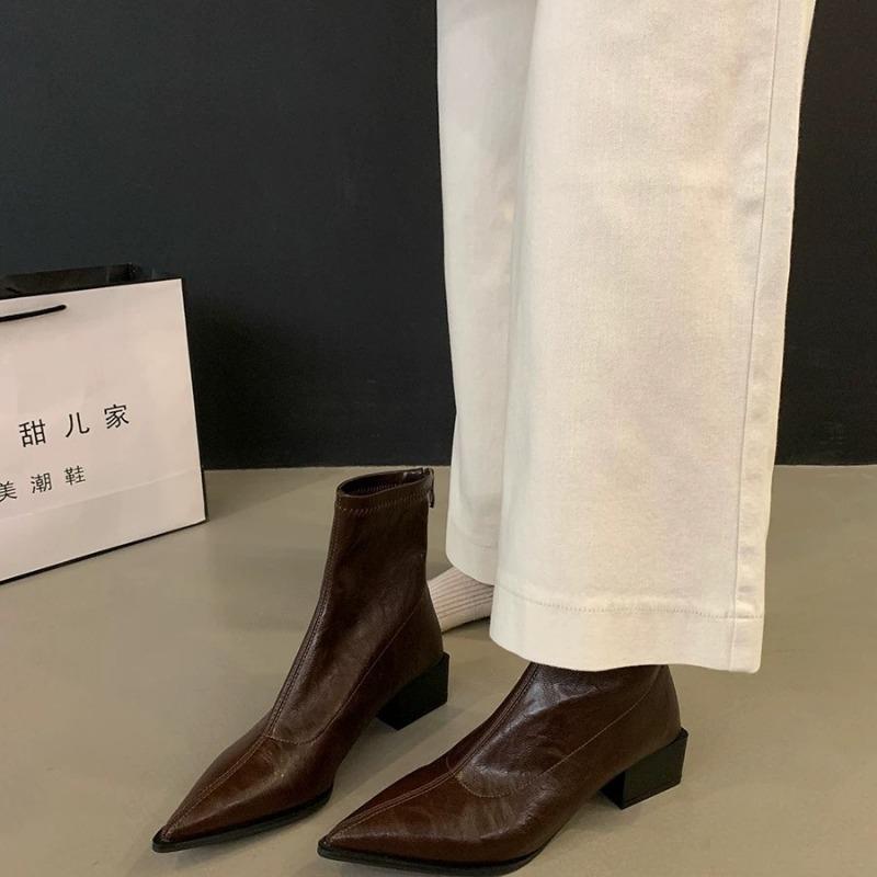 Shoes Pointed High-heeled Short Boots Women's Shoes New Spring and Autumn Single Boots Brown Thin Martin Boots