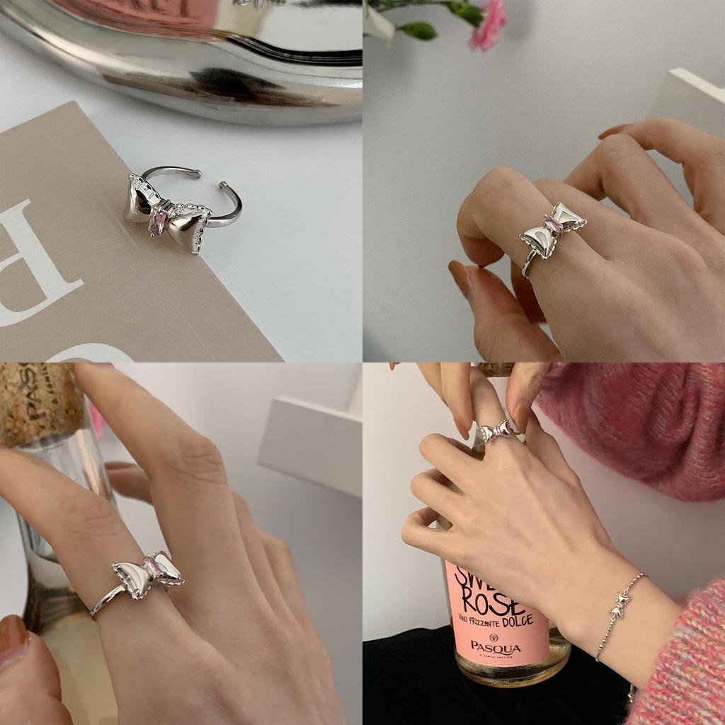 Exquisite Korean Daejeon Design Pink Diamond Bow Tie Ring Adjustable Size For Women