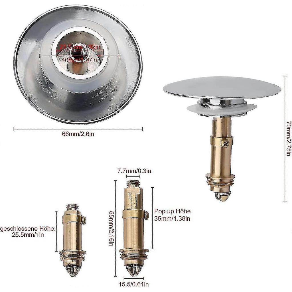 Pop-Up Click Clack Stöpsel Federstopper, Drück-Spülbecken-Abflussstöpsel Pop-up-Stöpsel für Küchen-Badezimmer-Spülbecken Badezimmer, Massivmessing Chrombeschichtet, 66mm