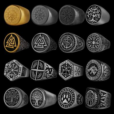 Nordic Viking Nerezový prsten Kotva Kompas Strom života Viking Rune Wolf Muži a ženy Továrna na prsteny
