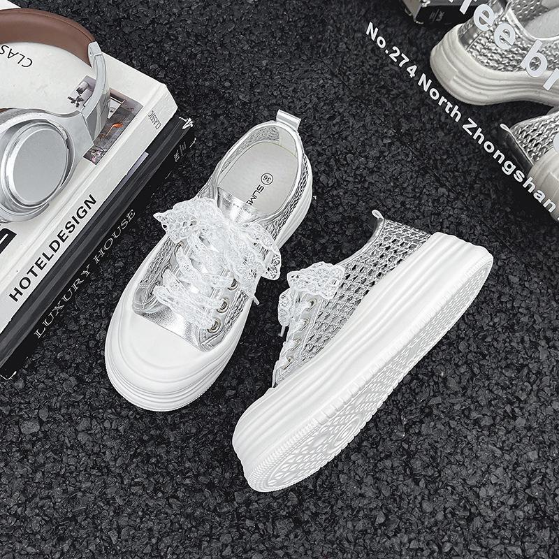 

Thick-soled hollowed-out woven breathable little white shoes women s 2025 new fashionable versatile feet small casual sports shoes 40