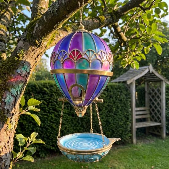 Outdoor Bird Water Station Stained Glass Hot Air Balloon Feeder Fountain, Hanging with Fountain Decorative Resin Tray, Vintage Bronze Garden Decor for