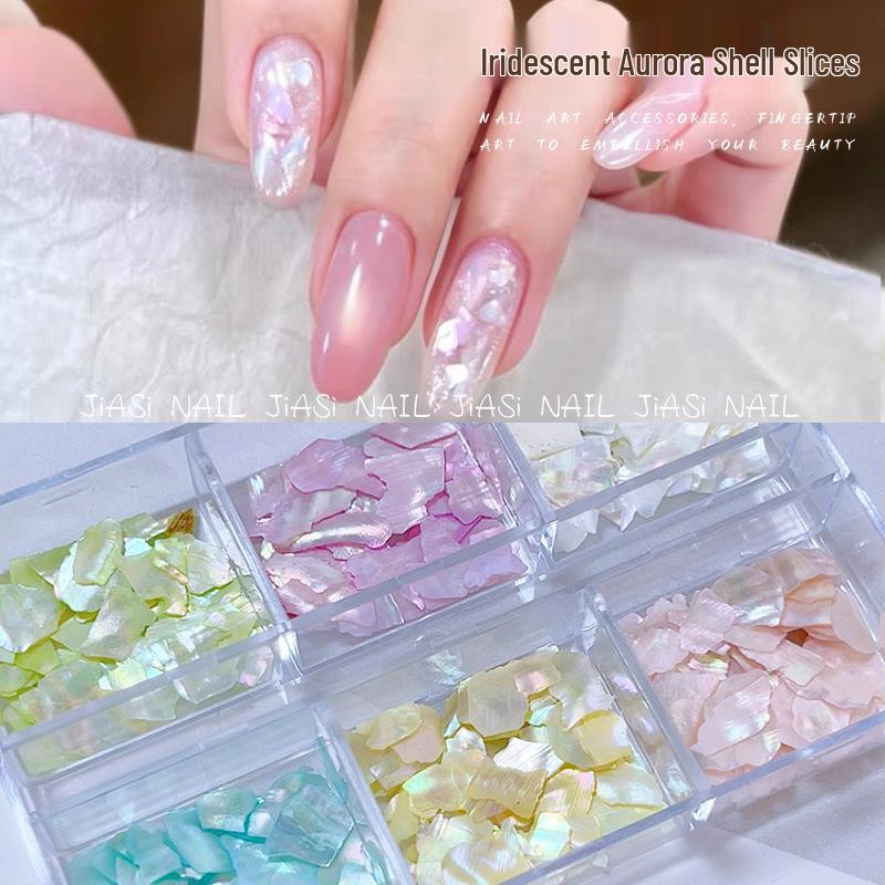 Iridescent Abalone Nail Decor: Ultra-Thin Shell Fragments in 6-Grid Box