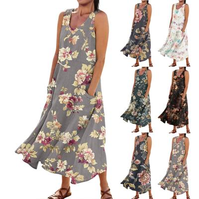 Women's Casual Comfortable Floral Print Sleeveless Cotton Pocket Dress